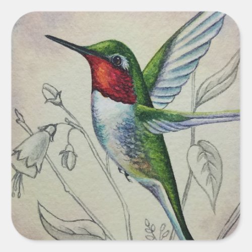 Vintage Hummingbird No 1 Watercolor Art Square Sticker