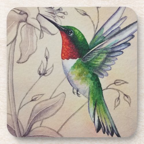 Vintage Hummingbird No 6 Watercolor Art Beverage Coaster