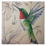 Vintage Hummingbird No. 6 Watercolor Art Ceramic Tile<br><div class="desc">"Vintage Hummingbird No. 6" Watercolor Art Ceramic Tile by artist Jean Weiner "Vintage Hummingbird No. 6" features a brightly colored, green and red, male ruby throated hummingbird. This hummingbird is hovering near a columbine flower in full bloom. The hummingbird's rich greens stand out against the warm, neutral background. The suggestion...</div>