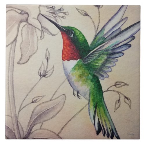 Vintage Hummingbird No 6 Watercolor Art Ceramic Tile