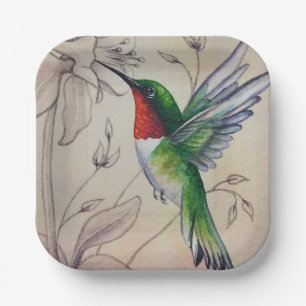 Vintage Hummingbird No. 6 Watercolor Art Paper Plates