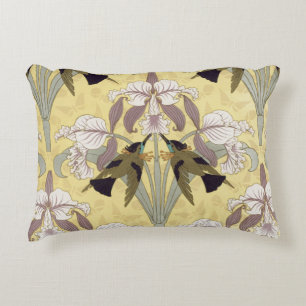 Vintage Hummingbird Orchid Art Nouveau Pattern Accent Pillow