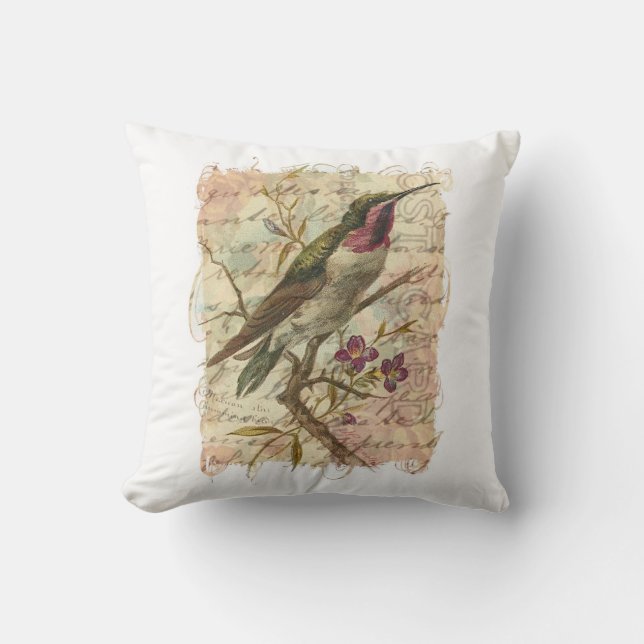 Vintage Hummingbird Throw Pillow (Front)
