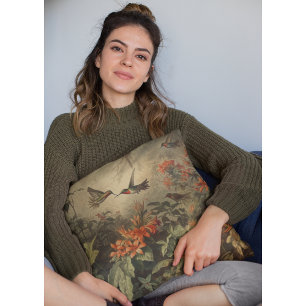 Vintage Hummingbirds and Vibrant Tropical Blooms  Throw Pillow