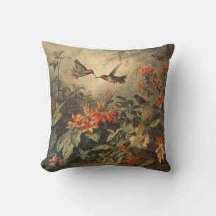 Vintage Hummingbirds and Vibrant Tropical Blooms Throw Pillow