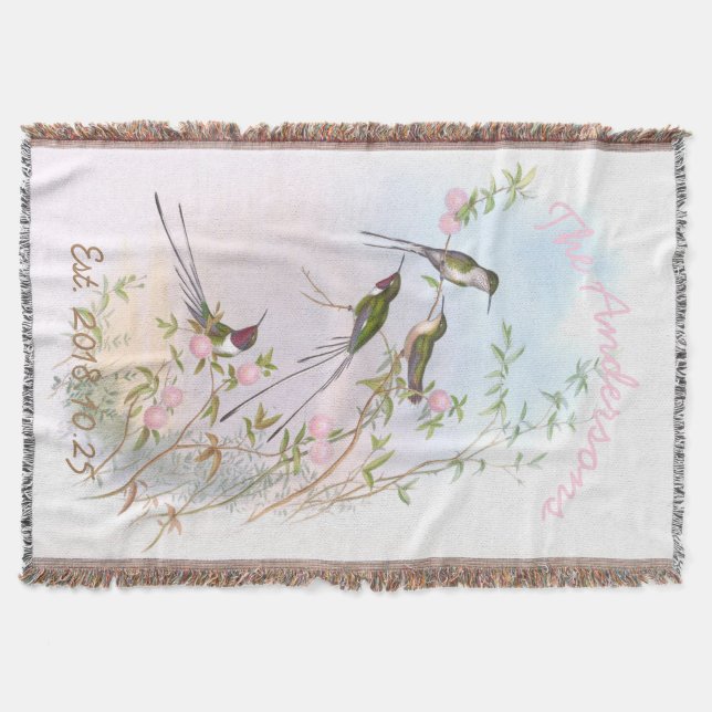 Vintage Hummingbirds Floral Custom Wedding Gift Throw Blanket (Front)