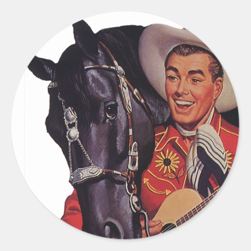 Vintage Humor Cowboy Singing Music to his Horse Classic Round Sticker