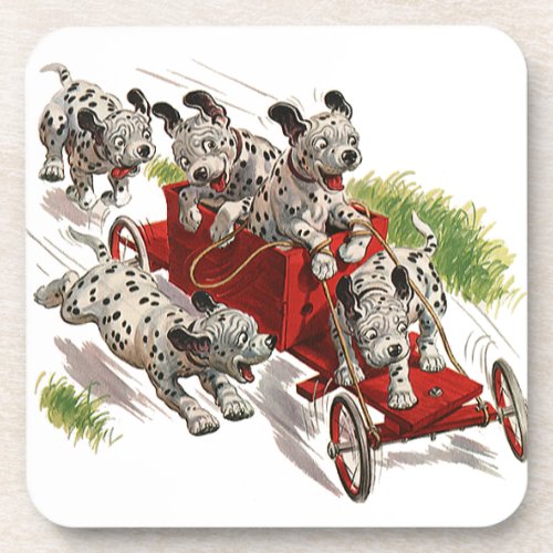 Vintage Humor Cute Dalmatian Puppy Dogs Fire Truck Beverage Coaster