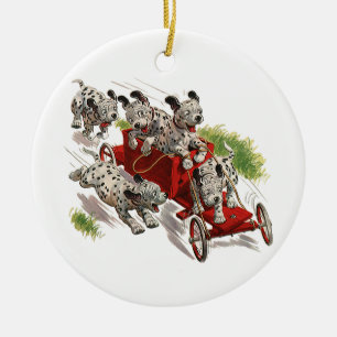 Vintage Humor Cute Dalmatian Puppy Dogs Fire Truck Ceramic Ornament