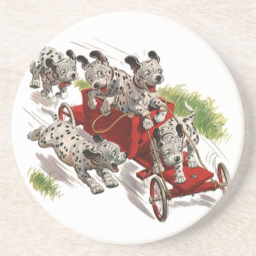 Vintage Humor Cute Dalmatian Puppy Dogs Fire Truck Coaster