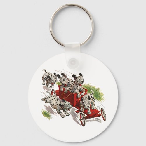 Vintage Humor Cute Dalmatian Puppy Dogs Fire Truck Keychain