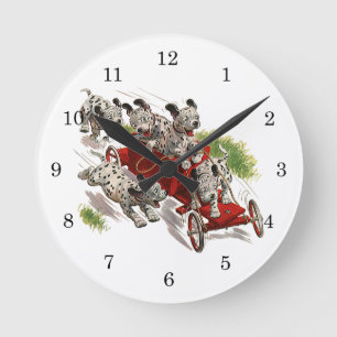 Vintage Humor Cute Dalmatian Puppy Dogs Fire Truck Round Clock