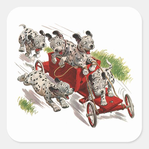 Vintage Humor Cute Dalmatian Puppy Dogs Fire Truck Square Sticker