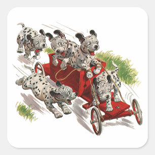 Vintage Humor Cute Dalmatian Puppy Dogs Fire Truck Square Sticker