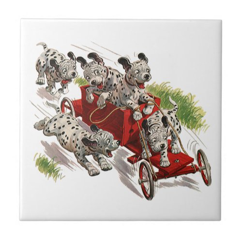 Vintage Humor Cute Dalmatian Puppy Dogs Fire Truck Tile