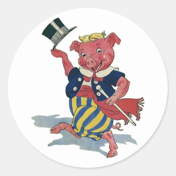 Vintage Humor  Cute Happy Dancing Pig Dances Classic Round Sticker by Tchotchke at Zazzle