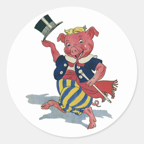 Vintage Humor Cute Happy Dancing Pig Dances Classic Round Sticker