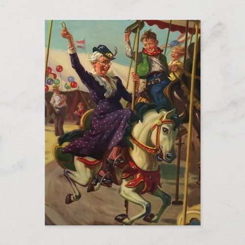 Vintage Humor Grandma on a Merry_Go_Round Horse C Postcard