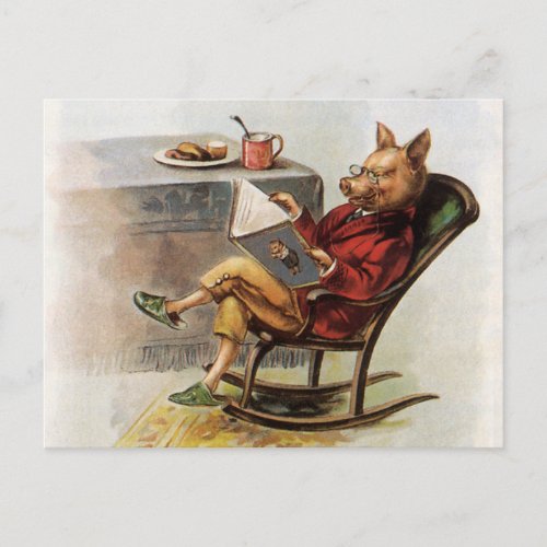 Vintage Humor Pig in Rocking Chair Reading a Book Postcard