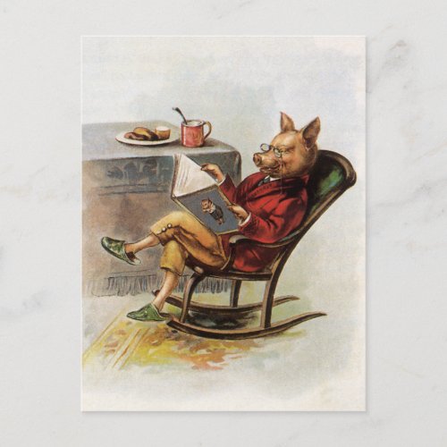 Vintage Humor Pig in Rocking Chair Reading a Book Postcard