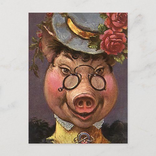 Vintage Humor Silly and Funny Victorian Lady Pig Postcard