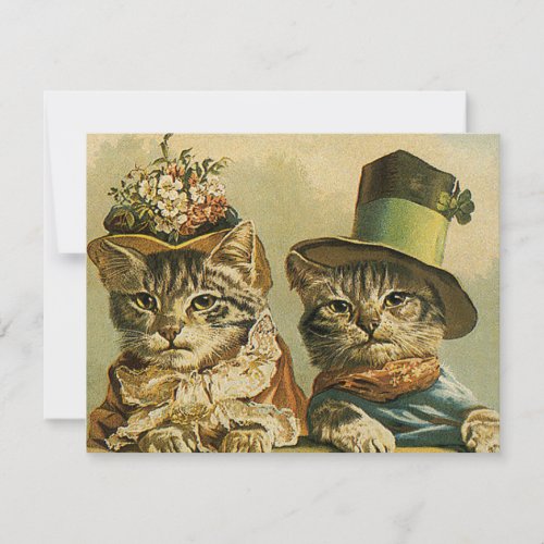 Vintage Humor Victorian Bride Groom Cats in Hats