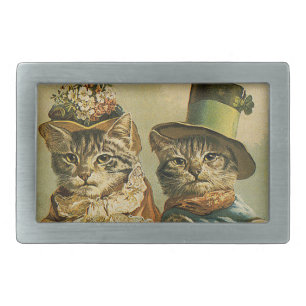 Vintage Humor, Victorian Bride Groom Cats in Hats Belt Buckle