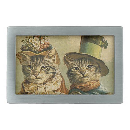 Vintage Humor Victorian Bride Groom Cats in Hats Belt Buckle