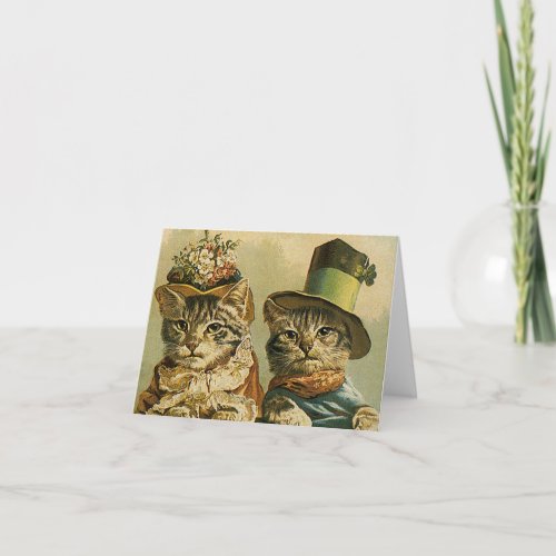 Vintage Humor Victorian Bride Groom Cats in Hats Card
