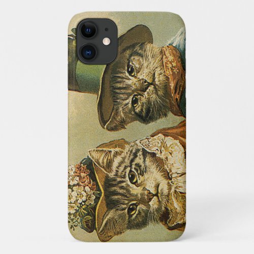 Vintage Humor Victorian Bride Groom Cats in Hats iPhone 11 Case