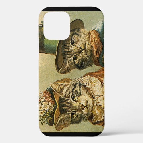 Vintage Humor Victorian Bride Groom Cats in Hats iPhone 12 Case