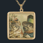 Vintage Humor, Victorian Bride Groom Cats in Hats Gold Plated Necklace<br><div class="desc">Vintage illustration funny humor image featuring Victorian tabby cats wearing hats. A love and romance pet wedding design with a cat bride and groom. The bride is wearing an elegant floral flower hat and the groom cat is wearing a fancy formal top hat.</div>
