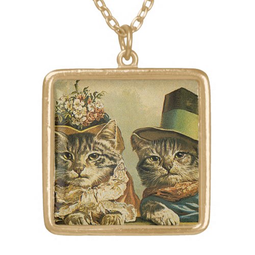 Vintage Humor Victorian Bride Groom Cats in Hats Gold Plated Necklace