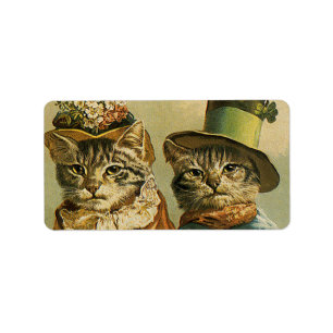 Vintage Humor, Victorian Bride Groom Cats in Hats Label