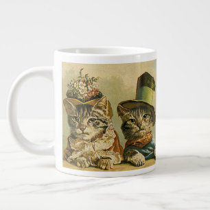 Vintage Humor, Victorian Bride Groom Cats in Hats Large Coffee Mug