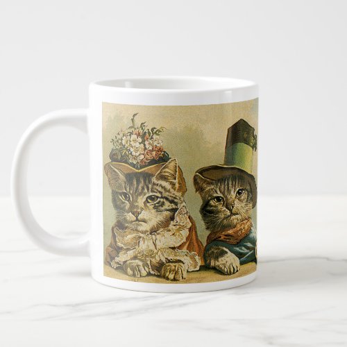 Vintage Humor Victorian Bride Groom Cats in Hats Large Coffee Mug