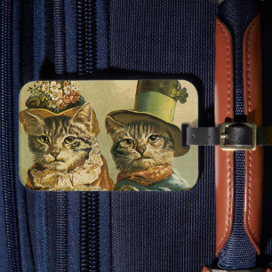 Vintage Humor, Victorian Bride Groom Cats in Hats Luggage Tag