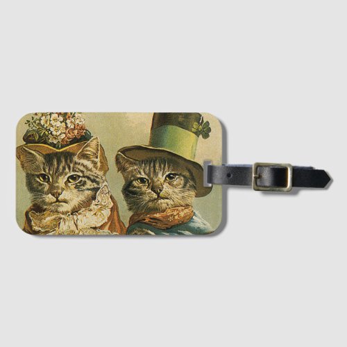 Vintage Humor Victorian Bride Groom Cats in Hats Luggage Tag