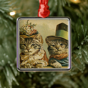 Vintage Humor, Victorian Bride Groom Cats in Hats Metal Ornament