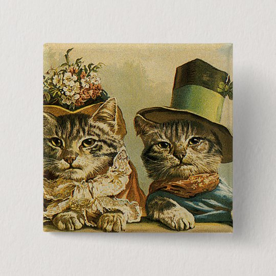 Vintage Humor Victorian Bride Groom Cats In Hats Pinback Button