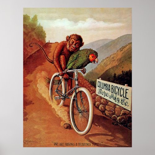 Vintage Humorous Monkey Parrot Bicycle Ride Poster