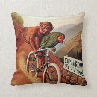 Vintage Humorous Monkey Parrot Bicycle Ride Throw Pillow