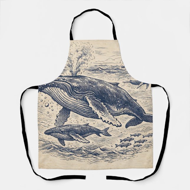 Vintage Humpback Whale Pod Engraving Apron (Front)