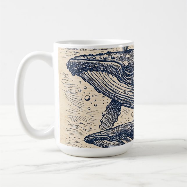 Vintage Humpback Whale Pod Engraving Coffee Mug (Left)