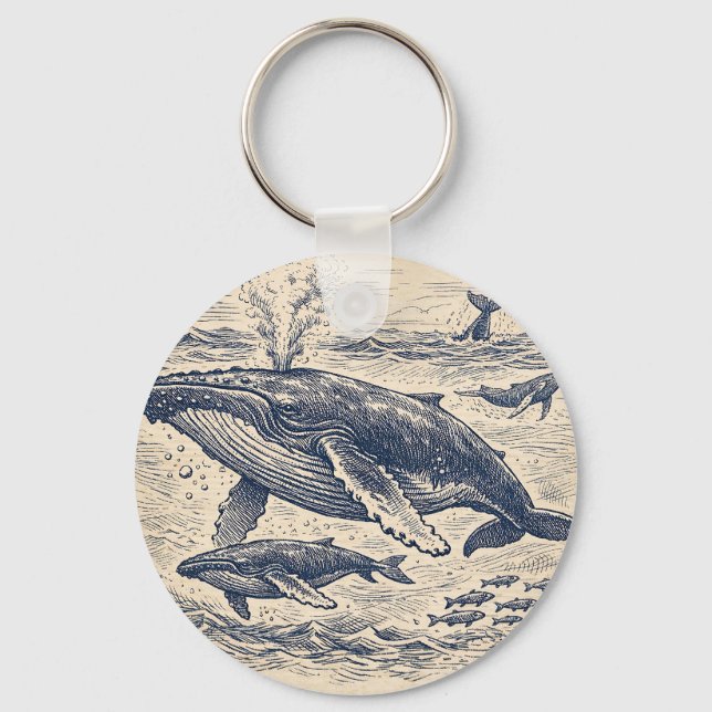 Vintage Humpback Whale Pod Engraving Keychain (Front)