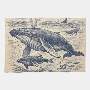 Vintage Humpback Whale Pod Engraving Kitchen Towel