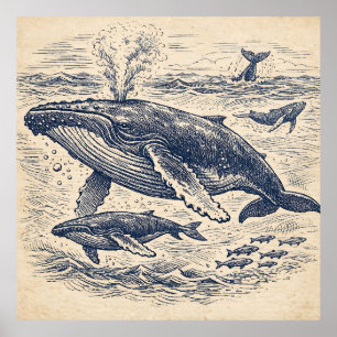 Vintage Humpback Whale Pod Engraving Poster