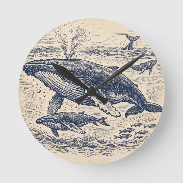 Vintage Humpback Whale Pod Engraving Round Clock (Front)