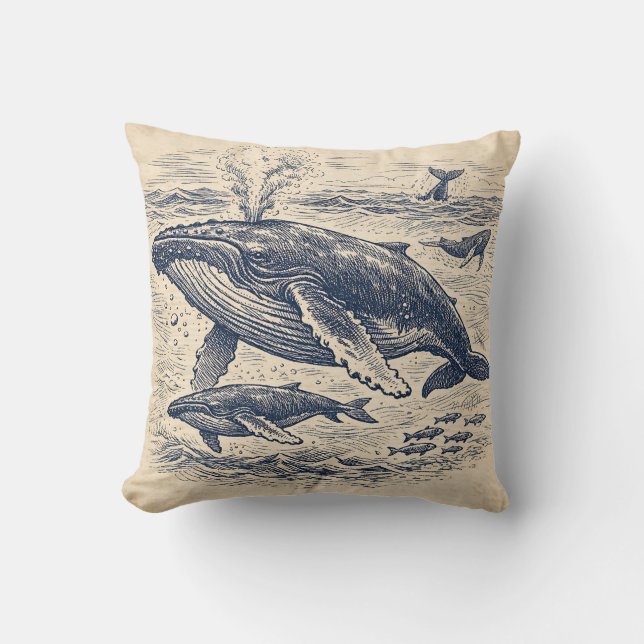 Vintage Humpback Whale Pod Engraving Throw Pillow (Front)
