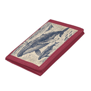 Vintage Humpback Whale Pod Engraving Tri-fold Wallet